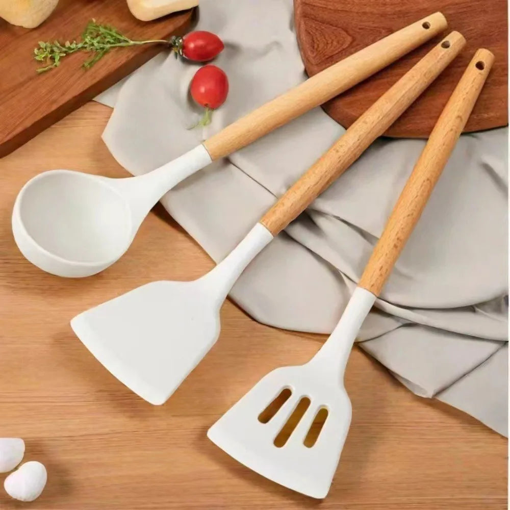 Food-Grade Silicone Cooking Utensils with Wooden Handle