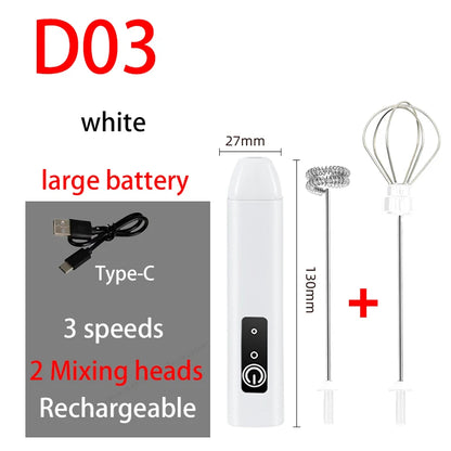 Rechargeable Electric Milk Frother — 3-Speed Handheld Whisk
