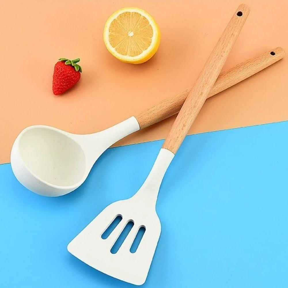 Food-Grade Silicone Cooking Utensils with Wooden Handle