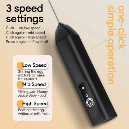 Rechargeable Electric Milk Frother — 3-Speed Handheld Whisk
