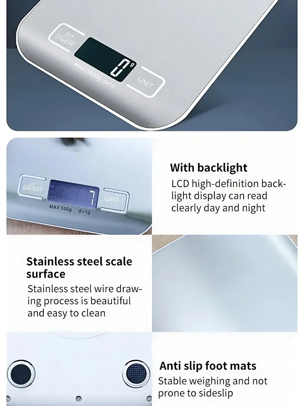 Stainless Steel Digital Kitchen Scale — 5kg Capacity, 1g Precision