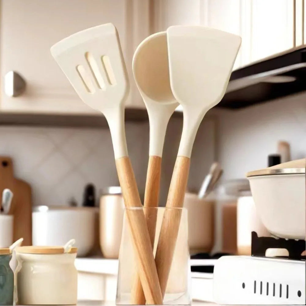 Food-Grade Silicone Cooking Utensils with Wooden Handle