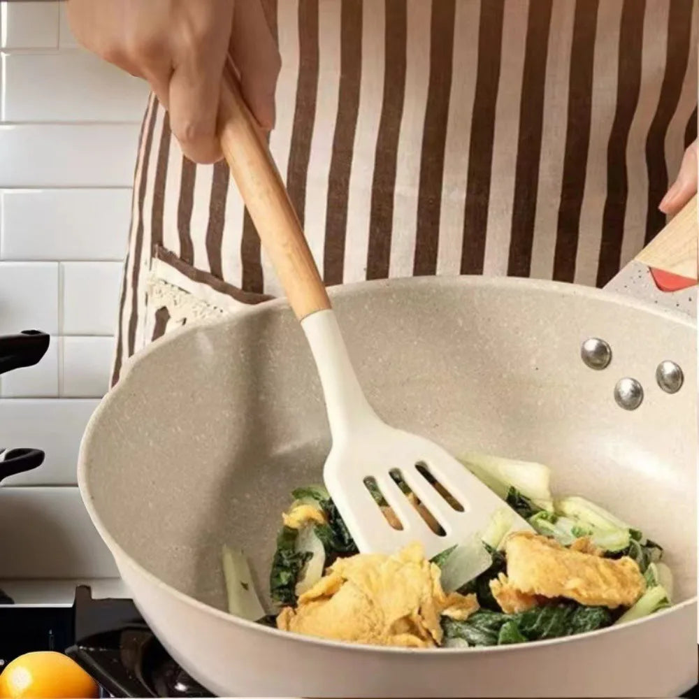 Food-Grade Silicone Cooking Utensils with Wooden Handle