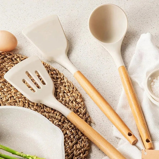 Food-Grade Silicone Cooking Utensils with Wooden Handle