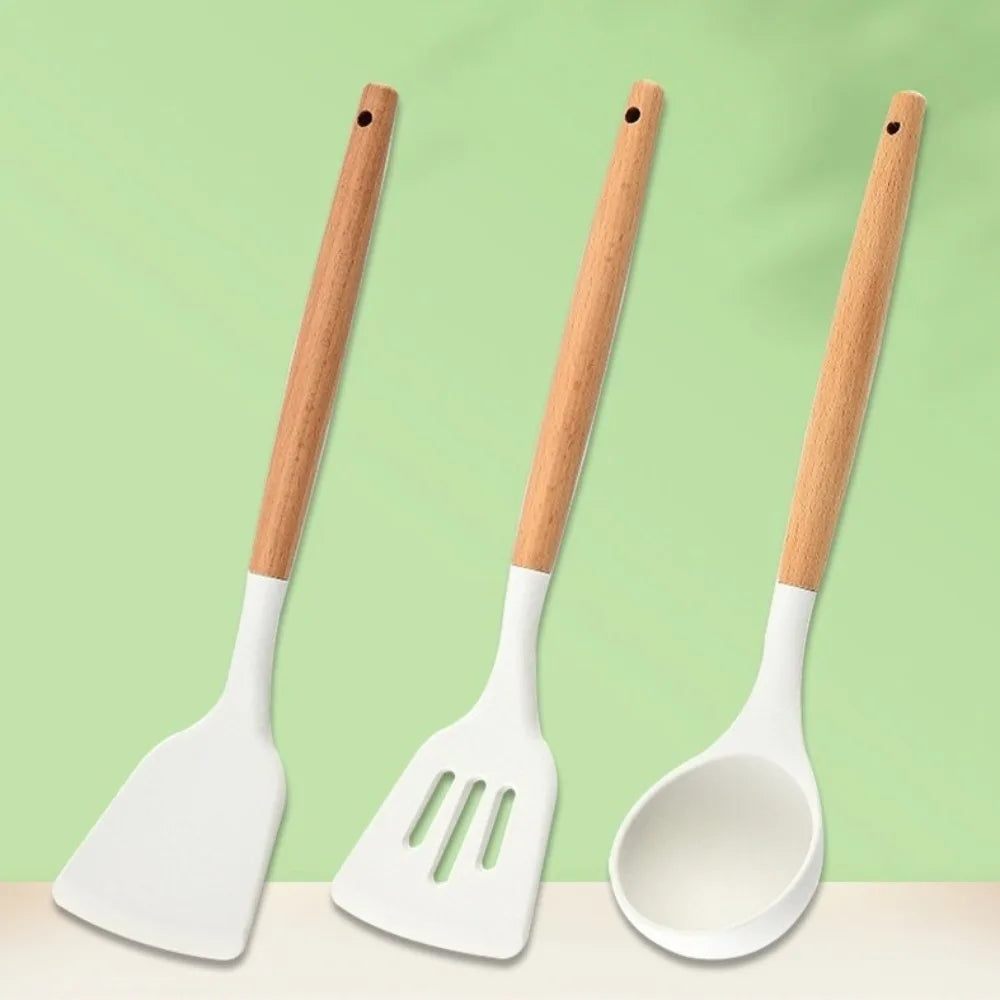 Food-Grade Silicone Cooking Utensils with Wooden Handle