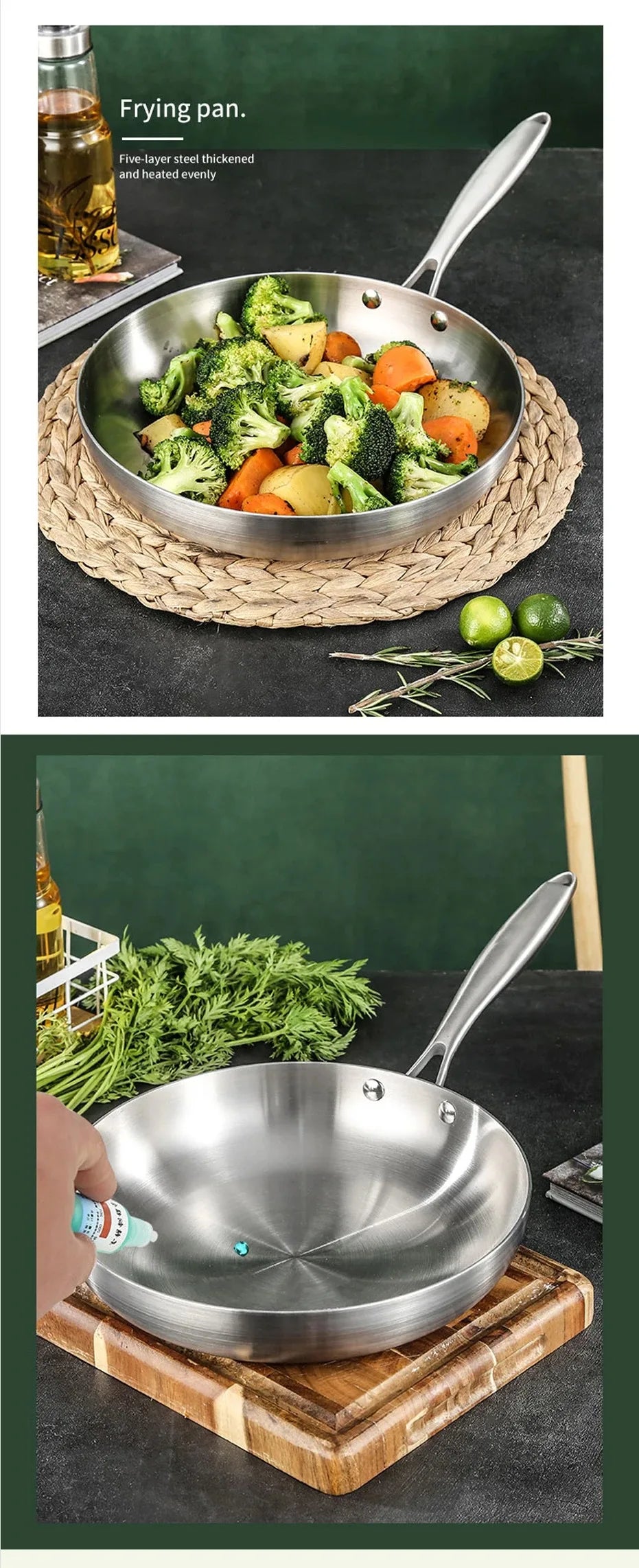 304 Stainless Steel Frying Pan NonStick Pan Fried Steak Pot Uncoated Kitchen Cookware For Gas Stove and Induction Cooker