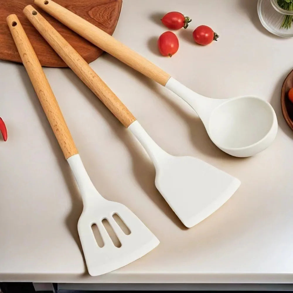 Food-Grade Silicone Cooking Utensils with Wooden Handle