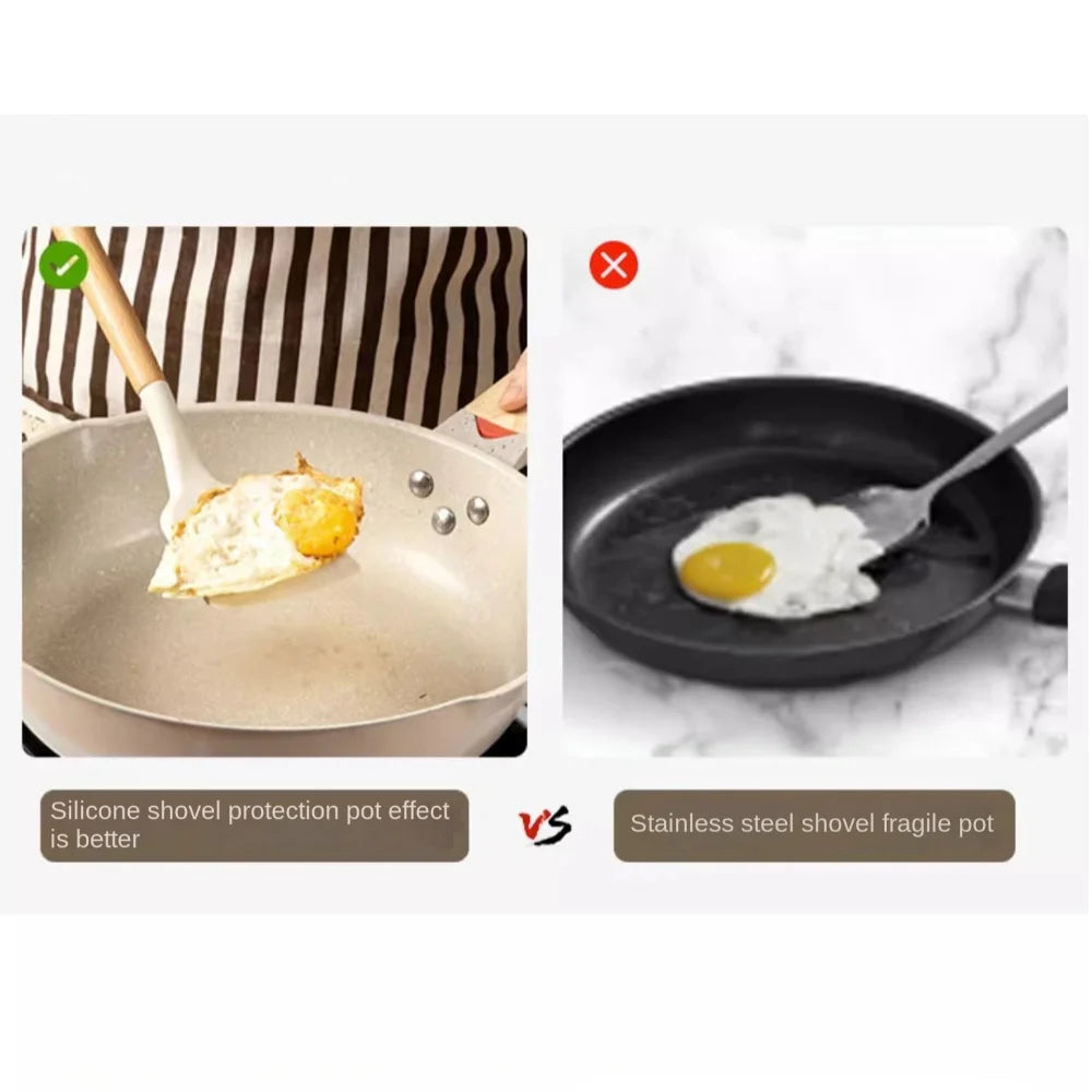 Food-Grade Silicone Cooking Utensils with Wooden Handle