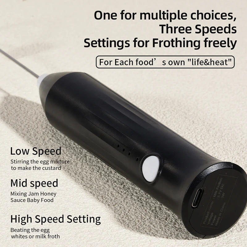 Rechargeable Electric Milk Frother — 3-Speed Handheld Whisk