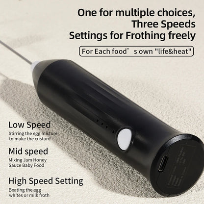 Rechargeable Electric Milk Frother — 3-Speed Handheld Whisk