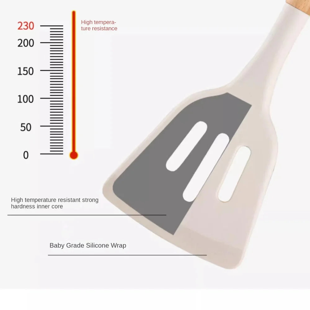 Food-Grade Silicone Cooking Utensils with Wooden Handle