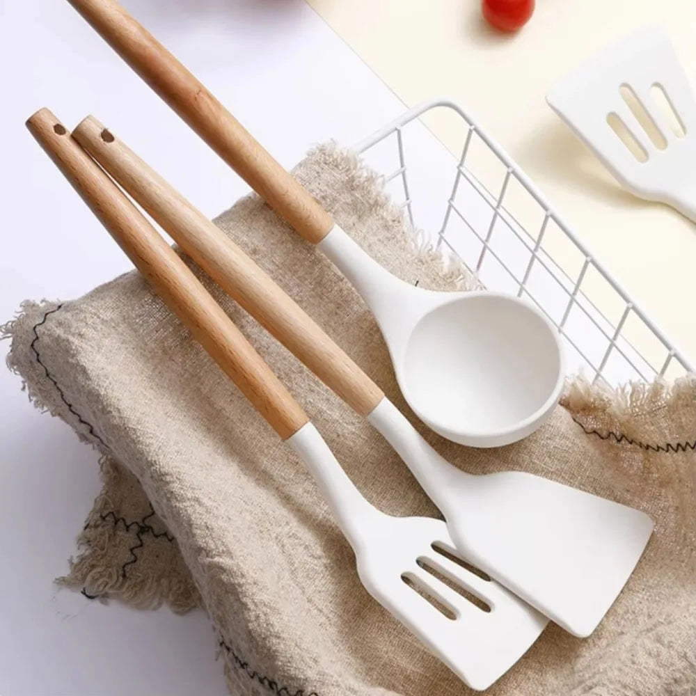 Food-Grade Silicone Cooking Utensils with Wooden Handle