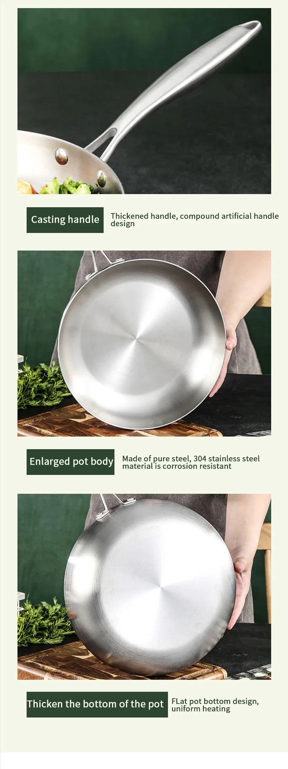 304 Stainless Steel Frying Pan NonStick Pan Fried Steak Pot Uncoated Kitchen Cookware For Gas Stove and Induction Cooker