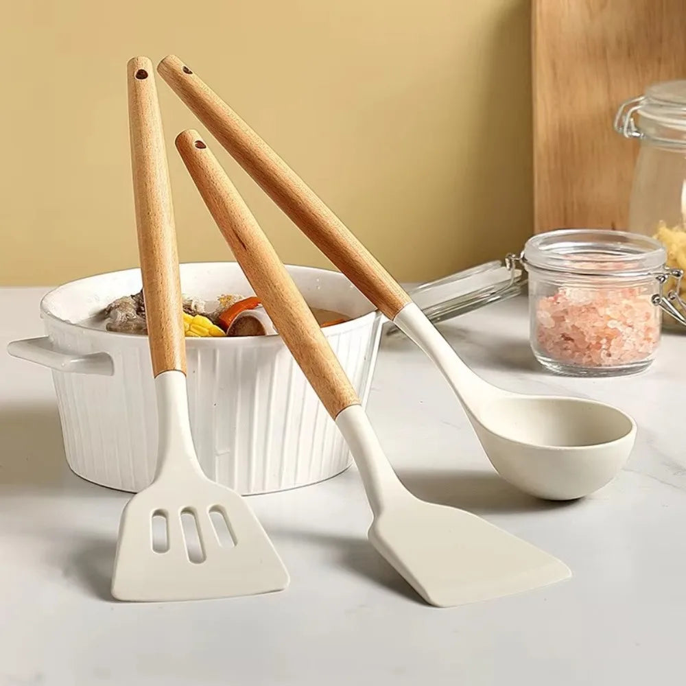 Food-Grade Silicone Cooking Utensils with Wooden Handle
