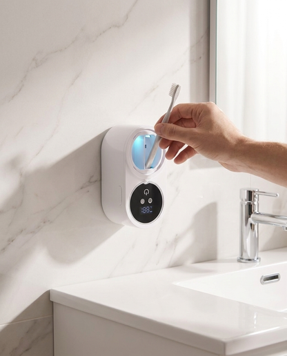 Detoxo UV toothbrush steriliser mounted in a marble bathroom