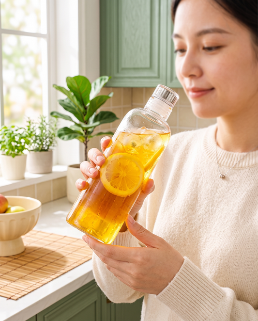 Woman drinking from a reusable glass water bottle