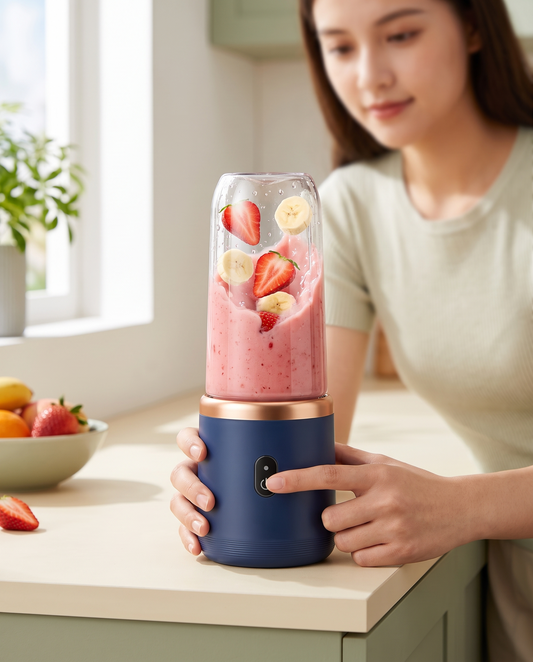 Woman blending a strawberry smoothie with the portable USB blender bottle