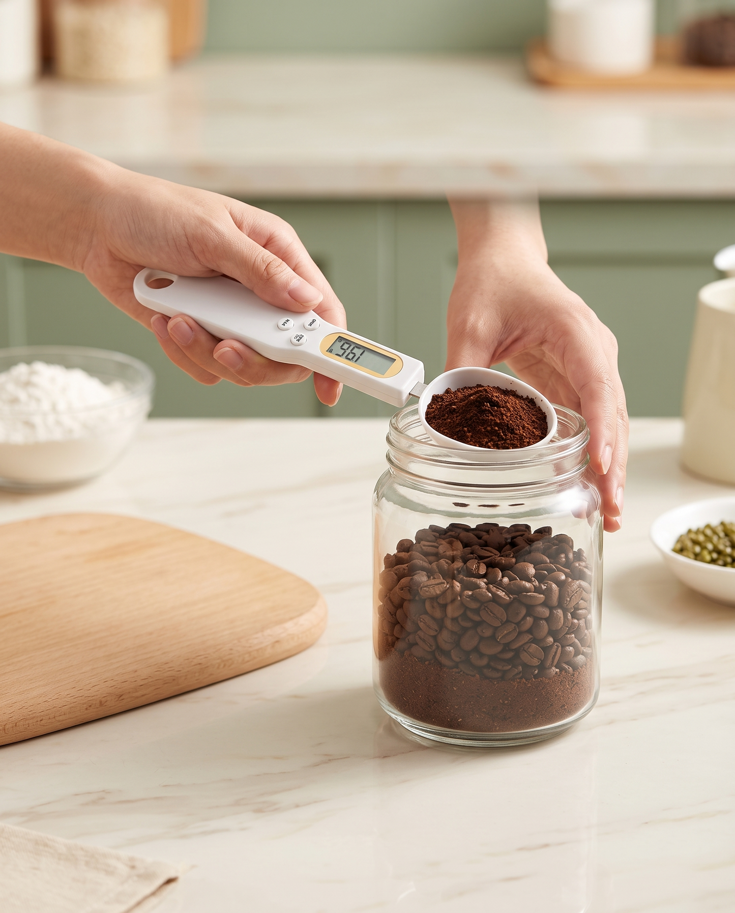 Measuring coffee grounds with the digital spoon scale