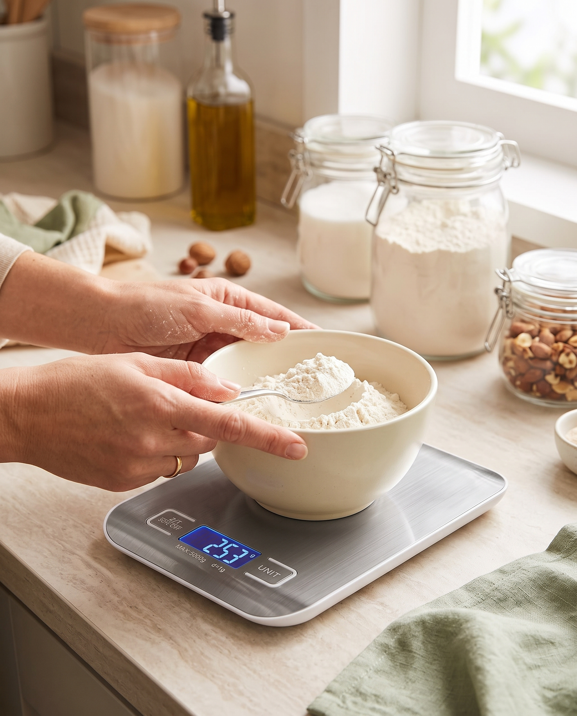 Weighing flour on the stainless steel digital kitchen scale