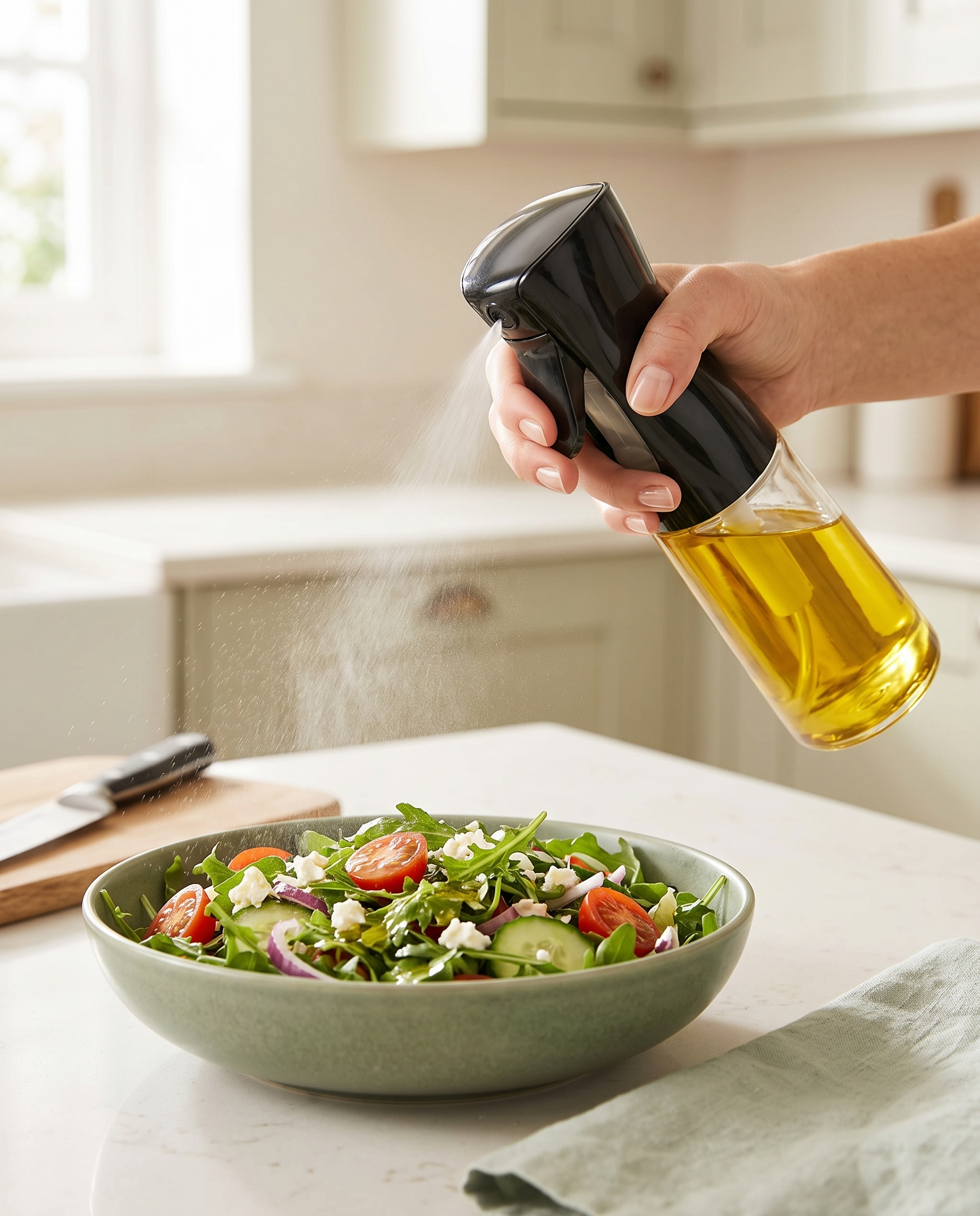 Spraying olive oil onto a salad with the fine-mist oil spray bottle