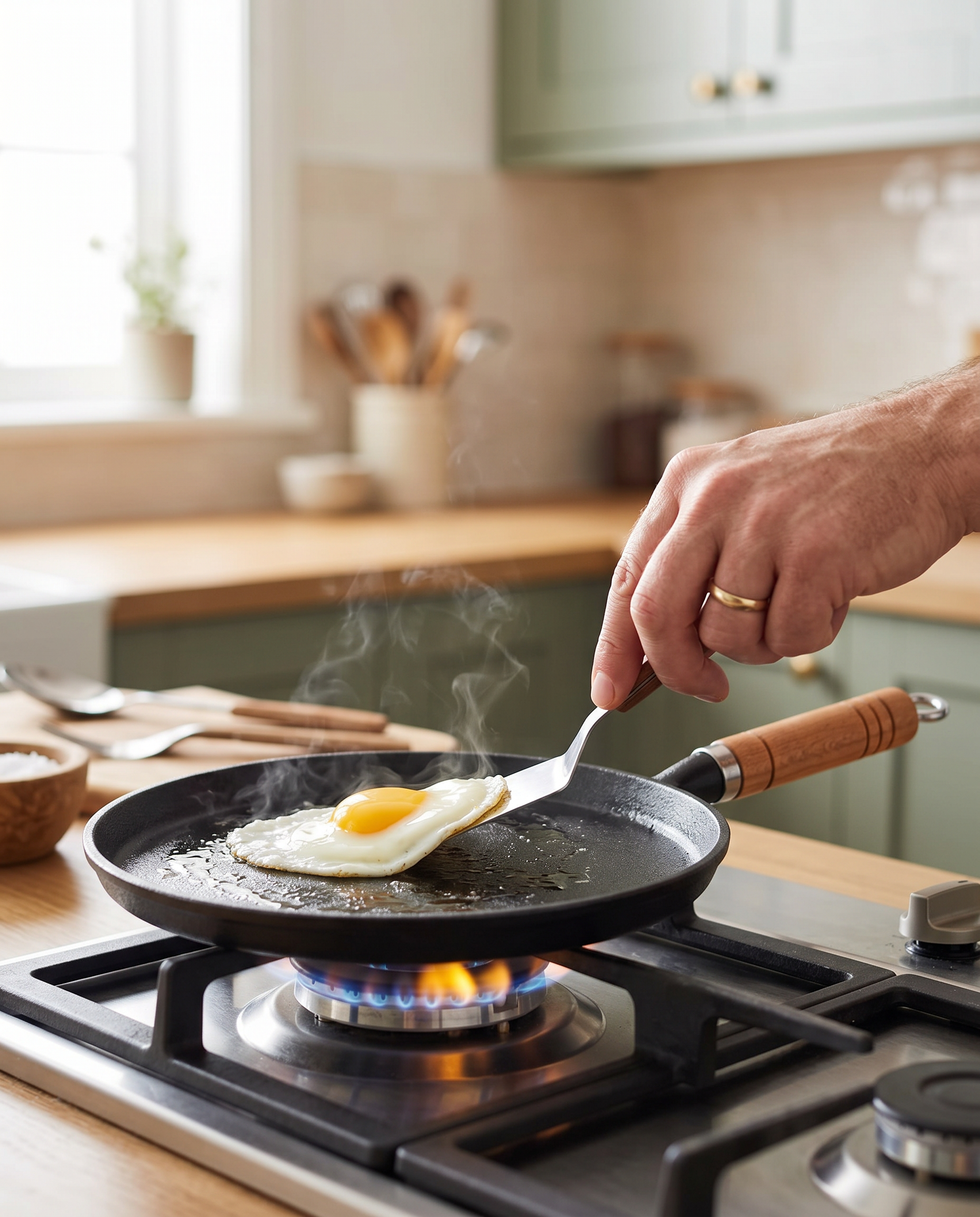 Frying an egg in the uncoated cast iron pan on a gas hob