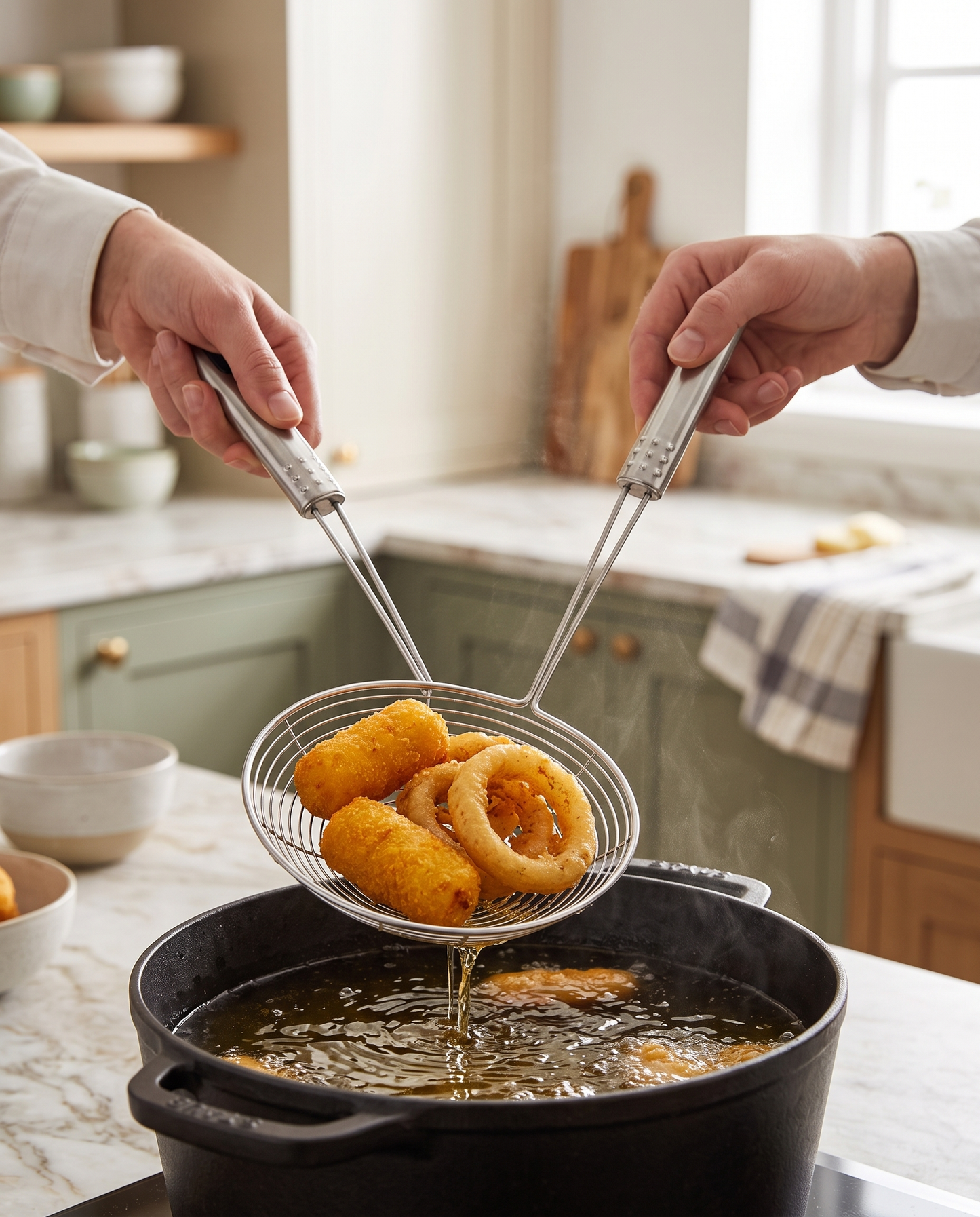 Lifting fried food from oil with the stainless steel mesh skimmer