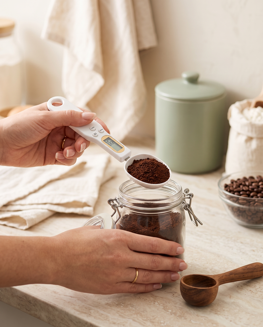 Digital measuring spoon scale weighing coffee on a kitchen counter
