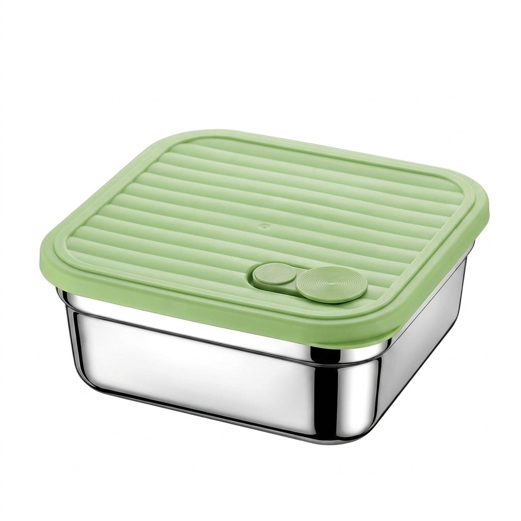 Green 650ml stainless steel lunch box on white background