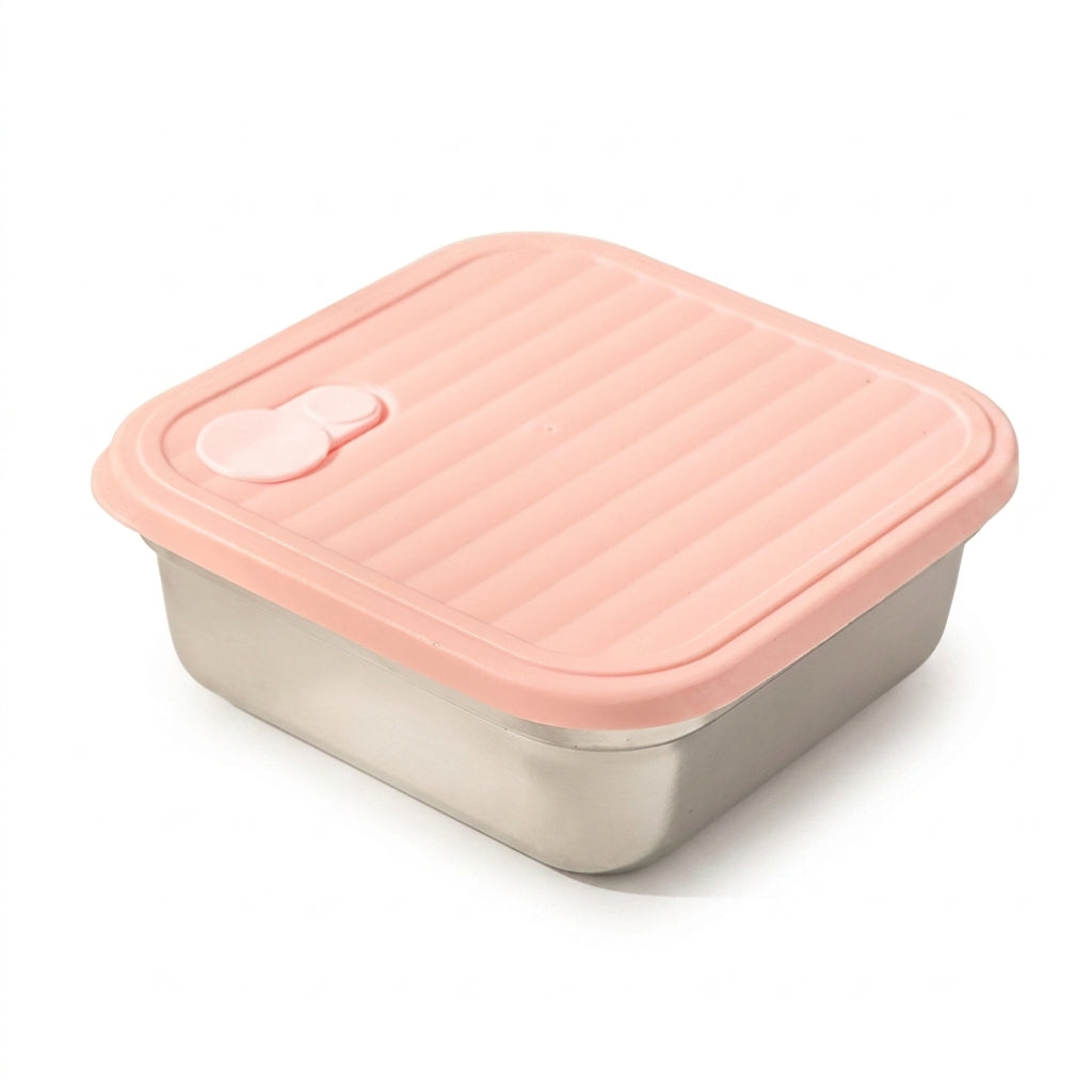Pink 650ml stainless steel lunch box on white background
